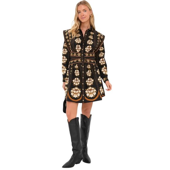 FARM Rio Dresses & Skirts - Farm Rio Topstitching Long Sleeve Mini Dress in Black Embroidered Flower Small